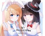  2girls alice_in_wonderland animal_ears black_hair blonde_hair boushiya_elle bow bunny_ears elbow_gloves gloves highres hikkyou long_hair maid maid_headdress masquerade_channel multiple_girls virtual_youtuber yumemiya_alice 