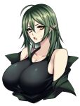 1girl :o black_shirt blush breasts camui_kamui cleavage elf eyebrows green_jacket huge_breasts jacket long_hair looking_at_viewer off_shoulder original pointy_ears shirt simple_background tank_top tsundere upper_body white_background yellow_eyes 