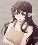  1girl arm_under_breasts bare_shoulders bralines breasts cleavage collarbone elf folait freckles looking_to_the_side mole mole_under_mouth original pointy_ears upper_teeth 