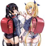  2girls asanagi ass asymmetrical_docking backpack bag black_hair black_legwear blonde_hair blue_eyes blue_ribbon blue_shorts breast_press breasts brown_eyes commentary_request denim denim_shorts fang from_behind hair_bobbles hair_ornament hair_ribbon holding_hands jacket large_breasts looking_at_viewer looking_back multiple_girls open_mouth original randoseru ribbon short_hair short_shorts shorts simple_background smile teeth thighhighs thighs track_jacket twintails white_background white_legwear 
