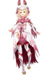  1girl absurdres armor blonde_hair commission commissioner_upload crossover fangs fire_emblem fire_emblem_awakening full_body highres hood hood_up igni_tion japanese_clothes looking_at_viewer manakete mizutsune mizutsune_(armor) monster_hunter_(series) monster_hunter_rise nowi_(fire_emblem) open_mouth pointy_ears purple_eyes simple_background solo white_background 