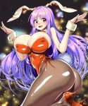  1girl :d animal_ears areola_slip areolae ass bangs black_legwear blurry blurry_background breasts bunny_ears bunny_tail detached_collar eyebrows_visible_through_hair high_heels highres huge_breasts leg_up light_particles long_hair open_mouth playboy_bunny purple_hair red_eyes red_footwear reisen_udongein_inaba smile solo tail thighhighs touhou umigarasu_(kitsune1963) wrist_cuffs 
