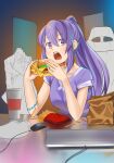  1girl alternate_costume armlet black_choker blue_light chips choker clothes_on_object cup desk disposable_cup eating elbows_on_table eyebrows_visible_through_hair fast_food food food_on_face gamer_chair gradient gradient_background hair_between_eyes hamburger highres hololive hololive_indonesia keiraworks keyboard_(computer) long_hair looking_at_viewer mannequin moona_hoshinova mouse_(computer) mousepad_(object) open_mouth poster_(object) potato_chips purple_eyes purple_hair purple_shirt shirt short_sleeves sitting v-neck very_long_hair yellow_eyes 