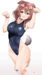  1girl :d animal_ears bandaid bandaid_on_knee black_swimsuit blue_swimsuit bone_hair_ornament braid breasts brown_eyes brown_hair c@rbon cartoon_bone collar commentary_request competition_swimsuit dog_ears dog_tail gradient gradient_background grey_background hair_ornament highres hololive inugami_korone looking_at_viewer medium_breasts one-piece_swimsuit open_mouth red_collar short_hair smile solo standing standing_on_one_leg swimsuit tail thighs twin_braids virtual_youtuber white_background 
