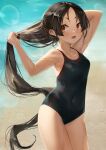  1girl beach black_hair black_swimsuit blush brown_eyes cowboy_shot fang kantai_collection long_hair nisshin_(kancolle) ocean one-piece_swimsuit open_mouth short_eyebrows solo swimsuit toka_(marchlizard) very_long_hair wet 