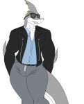  anthro bottomwear bulge clothing eyewear fish glasses hi_res jacket male male/male marine muscular muscular_anthro muscular_male pants photolol.03 shark shark_tail shirt simple_background solo topwear 