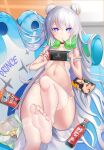  1girl absurdres armband asuo azur_lane bangs blue_eyes blurry blurry_background chinese_commentary chips choker closed_mouth collarbone couch double_bun feet food food_in_mouth highres holding le_malin_(azur_lane) lingerie long_hair looking_at_viewer manga_(object) navel nintendo_switch no_shoes panties pocky see-through soda_bottle soles solo thighhighs thighs toes underwear very_long_hair white_hair white_legwear white_panties 