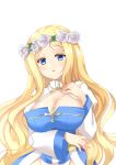  1girl absurdres archbishop_(ragnarok_online) arm_under_breasts bangs blonde_hair blue_eyes blush breasts cleavage commentary_request eyebrows_visible_through_hair flower head_wreath highres large_breasts long_hair looking_at_viewer masaya_ichika open_mouth ragnarok_online sash shiny shiny_hair shiny_skin shrug_(clothing) simple_background solo upper_body wavy_hair white_background white_flower yellow_sash 