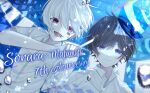  2boys air_bubble blue_eyes blue_hair bubble highres huge_filesize looking_at_viewer mafumafu male_focus mochita_sei multiple_boys niconico open_mouth red_eyes shirt soraru underwater utaite_(singer) white_hair white_shirt 