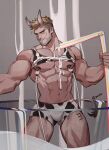  1boy abs amo9612 animal_print bara bare_pectorals beard black_male_underwear blonde_hair boxers bulge cow_boy cow_horns cow_print cow_tail drinking_straw facial_hair feet_out_of_frame highres horns lactation large_pectorals looking_at_viewer male_focus male_lactation male_underwear mature_male milk milking_machine muscular muscular_male navel navel_hair nipples original oversized_object pectorals print_male_underwear print_shirt print_tank_top shirt shirt_lift short_hair sideburns smirk solo stomach stubble tail thick_thighs thighs undercut underwear white_male_underwear 
