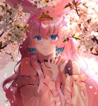  1girl animal_ears bangs bare_shoulders blue_bow blue_eyes blurry blurry_background blush bow bunny_ears closed_mouth collarbone depth_of_field detached_sleeves eyebrows_visible_through_hair flower hair_between_eyes hair_bow headpiece highres long_hair long_sleeves looking_at_viewer monaka_natsume original petals pink_hair ribbon-trimmed_sleeves ribbon_trim solo upper_body very_long_hair white_flower white_sleeves wide_sleeves 