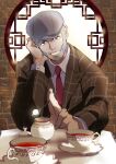  1boy buzz_cut cup golden_kamuy gomen_koumuru grey_hair grey_headwear highres indoors long_hair looking_at_viewer male_focus necktie red_neckwear shiraishi_yoshitake short_hair sideburns smile solo spoon sugar_cube table tea teacup upper_body very_short_hair 