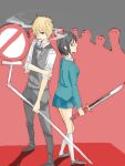  1boy 1girl bartender black_hair blonde_hair bob_cut durarara!! glasses heiwajima_shizuo school_uniform sonohara_anri sword weapon 