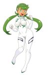  1girl :d ayanami_rei ayanami_rei_(cosplay) breasts cosplay dark_skin dark_skinned_female eyebrows_visible_through_hair full_body green_eyes green_hair highres large_breasts long_hair mallow_(pokemon) neon_genesis_evangelion open_mouth plugsuit pokemon pokemon_(game) pokemon_sm simple_background smile solo teeth tof twintails upper_teeth white_background 