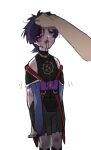  1boy absurdres blood blood_on_face bloody_clothes bloody_mouth blue_eyes blue_hair bruise collared_shirt detached_sleeves empty_eyes fowlr genshin_impact held_up highres injury japanese_clothes jitome messy_hair obi open_mouth sanpaku sash scaramouche shirt sleeveless sleeveless_shirt solo 