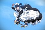  1girl apron bangs black_dress black_hair blue_footwear blue_sky closed_eyes commentary_request dress frilled_dress frills juliet_sleeves long_sleeves low_twintails maid maid_apron maid_headdress motion_blur original puffy_sleeves shoes skateboard skating sky sneakers solo spinning suzushiro_(suzushiro333) twintails white_apron 