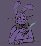  2020 anthro bow_tie buckteeth cigarette closed_smile digital_drawing_(artwork) digital_media_(artwork) five_nights_at_freddy&#039;s five_nights_at_freddy&#039;s_vr:help_wanted glitchtrap lagomorph leporid male mammal mechanical_jaws purple_eyes rabbit smile smoke smug solo stitch_(sewing) teeth video_games whiskers 