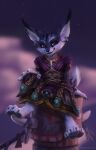 2021 4_toes anthro barefoot blizzard_entertainment canid clothed clothing ear_piercing ear_ring feet fully_clothed fur jewelry light lighting looking_at_viewer mammal milkwyvern necklace open_mouth open_smile outside pawpads piercing purple_eyes robe rouki_(koralia) shaded signature sitting smile solo toes video_games vulpera warcraft white_body white_fur 