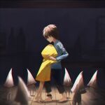  6+others bare_legs barefoot blurry blurry_background bottle brown_hair brown_pants character_request dark from_side hat hug little_nightmares long_sleeves meipoi multiple_others pants raincoat shirt short_hair six_(little_nightmares) standing 