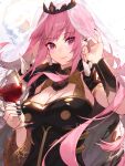 1girl alcohol bangs black_nails breasts cleavage closed_mouth cup drinking_glass eyebrows_visible_through_hair hand_up highres holding holding_cup hololive hololive_english large_breasts long_hair looking_at_viewer mori_calliope nail_polish pink_hair red_eyes smile solo veil virtual_youtuber waterring wine wine_glass 