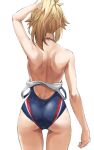  1girl ass back blonde_hair blue_swimsuit braid breasts fate/apocrypha fate_(series) french_braid hair_ornament hair_scrunchie long_hair mordred_(fate) mordred_(fate)_(all) off_shoulder one-piece_swimsuit ponytail scrunchie sidelocks small_breasts swimsuit thighs tonee 