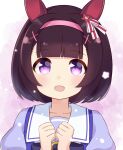  1girl :d animal_ears bangs blunt_bangs blush bow brown_hair clenched_hands collarbone commentary ear_covers eyebrows_visible_through_hair gradient gradient_background hair_ornament hair_ribbon hairband hairclip hands_up happy horse_ears ixia_(ixia424) looking_at_viewer nishino_flower_(umamusume) open_mouth pink_hairband portrait purple_bow purple_eyes purple_shirt ribbon sailor_collar school_uniform shirt short_hair smile solo tracen_school_uniform umamusume white_sailor_collar x_hair_ornament 