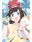  1girl :d beanie black_hair blue_eyes blush_stickers cellphone commentary_request eyebrows_visible_through_hair gen_7_pokemon hat holding holding_phone ixy looking_at_viewer open_mouth phone pokemon pokemon_(creature) pokemon_(game) pokemon_masters_ex pokemon_sm red_headwear rowlet selene_(pokemon) shirt short_hair short_sleeves smile v yellow_shirt 