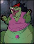  2017 alligator alligatorid anthro belly black_hair claws clothing crocodilian female green_body hair hi_res mz._ruby night outside overweight overweight_anthro overweight_female reptile scalie shirt sly_cooper_(series) solo sony_corporation sony_interactive_entertainment sucker_punch_productions teeth topwear unknown_artist video_games yellow_eyes 