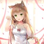  1girl ahoge animal_ear_fluff animal_ears bangs blush bow bow_camisole breasts brown_hair camisole cat_ears cleavage collarbone girls_frontline green_eyes hair_bow kemonomimi_mode long_hair medium_breasts open_mouth paw_pose rfb_(girls_frontline) solo spaghetti_strap u.b_m1s2s white_camisole 