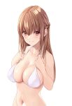  &gt;:) 1girl absurdres bare_arms bare_shoulders bikini blush braid breasts brown_hair cleavage closed_mouth collarbone commentary_request hands_on_own_chest highres large_breasts long_hair looking_at_viewer marui_koishi navel original red_eyes simple_background smile smug solo strap_gap swimsuit upper_body v-shaped_eyebrows white_background white_bikini 