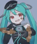  1girl akikan_sabago aqua_hair bare_shoulders black_gloves black_headwear black_shirt cd commentary elbow_gloves facial_tattoo fork gears gloves grey_background hat hatsune_miku highres holding holding_fork holding_knife knife long_hair looking_at_viewer open_mouth red_eyes sadistic_music_factory_(vocaloid) shirt sketch smile solo tattoo twintails upper_body very_long_hair vocaloid wrist_cuffs 