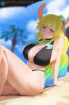  1girl atric18 bangs bikini black_bikini blonde_hair blue_hair blurry blurry_background blush breasts closed_mouth cloud colored_sclera commentary depth_of_field dragon_horns eyebrows_visible_through_hair from_side gradient_hair green_eyes green_hair halter_top halterneck highres horns huge_breasts kobayashi-san_chi_no_maidragon leaning_back long_hair looking_at_viewer lucoa_(maidragon) multicolored_hair navel outdoors palm_tree plump purple_eyes reclining sitting smile solo swimsuit tree twitter_logo twitter_username very_long_hair web_address 