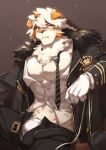  1boy animal_ears arknights bangs bara bare_pectorals belt black_pants blush bulge dog_boy dog_ears furry horns hung_(arknights) hung_(just_a_driver)_(arknights) jacket large_pectorals male_focus medium_hair midriff_peek multicolored_hair muscular muscular_male necktie official_alternate_costume open_belt open_clothes open_jacket open_pants open_shirt orange_eyes orange_hair pants pectorals single_horn sokimi_(sosojovan) solo streaked_hair two-tone_fur white_fur white_hair white_male_underwear 