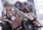  1girl apron azur_lane bangs breasts chair cleavage collar collared_dress greatsword high_heels large_breasts leg_up maid_apron panties panty_peek parted_lips puffy_sleeves short_hair sirius_(azur_lane) sitting sword thick_thighs thighhighs thighs underwear weapon white_hair white_legwear wickellia 