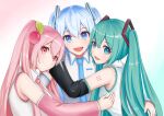  1girl 3girls aqua_eyes aqua_hair aqua_neckwear arms_around_back bare_shoulders black_sleeves blue_neckwear cherry_hair_ornament commentary detached_sleeves food_themed_hair_ornament hair_ornament hatsune_miku highres hug light_blue_eyes light_blue_hair long_hair looking_at_viewer looking_back multiple_girls multiple_persona mutual_hug necktie nekoinu_bamboo open_mouth pink_eyes pink_hair pink_neckwear pink_sleeves sakura_miku shirt shoulder_tattoo silver_sleeves sleeveless sleeveless_shirt smile solo tattoo twintails upper_body very_long_hair vocaloid white_shirt yuki_miku yuki_miku_(2010) 