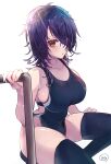  1girl alternate_costume black_legwear black_swimsuit breasts competition_swimsuit highres kantai_collection large_breasts mizoredama1 one-piece_swimsuit purple_hair short_hair sitting solo swimsuit tenryuu_(kancolle) thighhighs yellow_eyes 