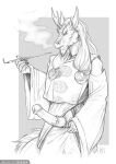  2021 5_fingers anthro clothed clothing dragon fingers genitals hi_res horn male penis solo tanutanuki traditional_media_(artwork) 