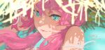  1girl arknights artist_name bare_shoulders blue_eyes blue_poison_(arknights) blurry blurry_background blurry_foreground close-up commentary dated dated_commentary depth_of_field eyelashes hand_in_hair hat highres pink_hair portrait shadow solo straw_hat twintails xilmo 