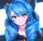  1girl ahoge apple_eden black_dress blue_eyes blue_hair blush closed_mouth dress drill_hair frills gwen_(league_of_legends) hair_ornament hair_ribbon heterochromia highres jewelry league_of_legends long_hair looking_at_viewer multicolored multicolored_eyes necklace red_eyes ribbon smile solo star-shaped_pupils star_(symbol) symbol-shaped_pupils 