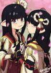  2girls bangs black_gloves black_hair blunt_bangs blush breasts closed_mouth colo_(nagrolaz) commentary english_commentary eyebrows_visible_through_hair fewer_digits gloves hair_ornament highres hinoa japanese_clothes long_hair looking_at_viewer minoto monster_hunter_(series) monster_hunter_rise multiple_girls pointy_ears siblings sidelocks simple_background sisters smile twins yellow_eyes 