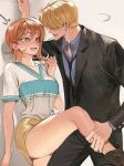  1boy 1girl @_@ black_suit blonde_hair blush candy closed_eyes food formal hetero leg_hold lollipop looking_at_another loose_necktie manly nami_(one_piece) necktie nervous_smile nose_blush one_piece orange_hair pinned role_reversal runa_(artist) sanji shirt short_hair short_sleeves skirt suit sweatdrop wall_slam white_shirt yellow_skirt 