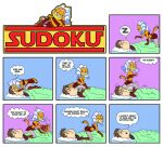  2021 ahsoka_tano anakin_skywalker anthro awake bed butt butt_on_face butt_smack clawing comic dialogue domestic_cat duo english_text felid feline felis female furniture garfield_(series) garfield_the_cat human mad_(series) male mammal manakin_(mad) motion_lines parody q_donut sleeping speech_bubble star_wars star_wars:_the_clone_wars sudoku_(mad) text thought_bubble 