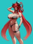  big_breasts bikini blue_background breasts cleavage clothed clothing eu03 female hair hi_res horn horned_humanoid humanoid not_furry red_hair simple_background solo swimwear 