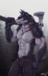  2021 5_fingers abs anthro bare_chest black_nose bottomwear bracelet canid canine canis claws clothed clothing digital_media_(artwork) einarr_(personalami) finger_claws fingers fur grey_body grey_fur holding_axe humanoid_hands jewelry male mammal muscular muscular_anthro muscular_male navel necklace pants pecs personalami signature solo topless topless_male wolf 