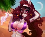  2021 anthro ayne_(kitonkurai) breasts brown_hair canid canine canis clothed clothing day detailed_background digital_media_(artwork) eyebrows eyelashes female fingers hair jackal mammal navel outside pacevanrign skimpy sky solo 