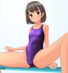  1girl absurdres bench black_hair blue_background blue_eyes breasts clothes_writing competition_swimsuit covered_navel grin highleg highleg_swimsuit highres logo looking_at_viewer mizuno mole mole_under_eye one-piece_swimsuit original purple_swimsuit short_hair sitting small_breasts smile solo spread_legs striped striped_swimsuit swimsuit takafumi tan 