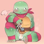  2021 anthro blush bodily_fluids bulge clothing green_body kdmn male overweight overweight_anthro overweight_male reptile scalie simple_background sitting solo sweat teenage_mutant_ninja_turtles turtle underwear young 
