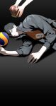  absurdres bangs black_hair crown gradient gradient_background haikyuu!! hands highres jacket kageyama_tobio looking_at_viewer lovemaronmeru0827 lying male_focus numbers&#039;_uniform on_side open_clothes open_jacket shadow short_hair simple_background solo_focus sportswear volleyball volleyball_uniform 