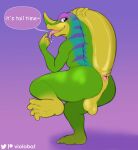  anthro anus backsack balls bodily_fluids dialogue gecko genitals gex_(series) gex_the_gecko hi_res holding_tail lizard male presenting presenting_anus raised_leg reptile saliva saliva_on_tongue saliva_string scalie solo talking_to_viewer video_games viola_bat wide_hips 