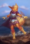  2021 anthro armor clothed clothing cloud day detailed_background eeveelution eyes_closed female flareon fur light lighting milkwyvern nintendo open_mouth open_smile orange_body orange_fur outside pok&eacute;mon pok&eacute;mon_(species) shaded signature smile solo video_games water 